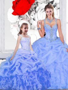 Straps Floor Length Lace Up Vestidos de Quinceanera Baby Blue for Military Ball and Sweet 16 and Quinceanera with Beadin