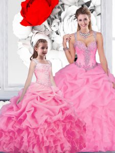 Amazing Pick Ups Ball Gowns Quince Ball Gowns Rose Pink Straps Organza Sleeveless Floor Length Lace Up