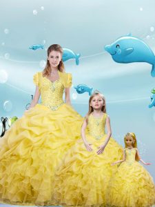 Sweet Sleeveless Floor Length Beading and Ruffles and Pick Ups Lace Up 15th Birthday Dress with Yellow