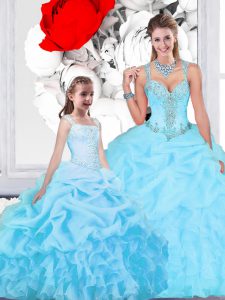 Straps Beading and Ruffles and Pick Ups 15 Quinceanera Dress Aqua Blue Lace Up Sleeveless Floor Length