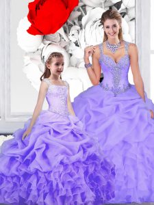 Straps Sleeveless Organza Floor Length Lace Up Sweet 16 Dress in Lavender with Beading and Ruffles and Pick Ups