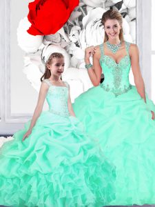 Fitting Straps Apple Green Lace Up Quinceanera Dress Beading and Ruffles and Pick Ups Sleeveless Floor Length