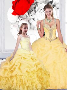 Pretty Straps Organza Sleeveless Floor Length Sweet 16 Quinceanera Dress and Beading and Ruffles and Pick Ups