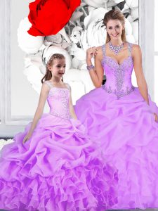 Edgy Lavender Lace Up Straps Beading and Ruffles and Pick Ups Quinceanera Gown Organza Sleeveless