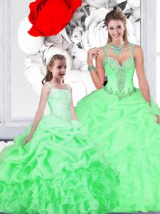 Sexy Straps Organza Sleeveless Floor Length Sweet 16 Quinceanera Dress and Beading and Ruffles and Pick Ups