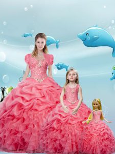 Pick Ups Watermelon Red Sleeveless Organza Lace Up Sweet 16 Dresses for Military Ball and Sweet 16 and Quinceanera