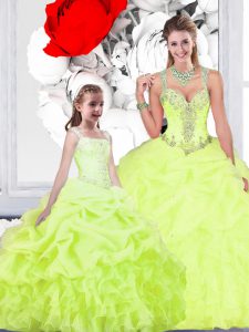 Fashion Straps Yellow Green Organza Lace Up Quinceanera Dresses Sleeveless Floor Length Beading and Ruffles and Pick Ups