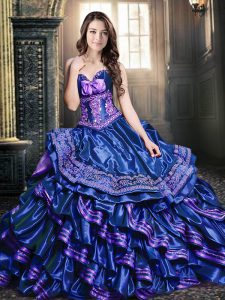 Royal Blue Taffeta Lace Up Quince Ball Gowns Sleeveless Floor Length Appliques and Ruffled Layers and Bowknot