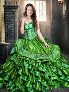 Custom Made Green Ball Gowns Appliques and Ruffled Layers Sweet 16 Dresses Lace Up Taffeta Sleeveless Floor Length