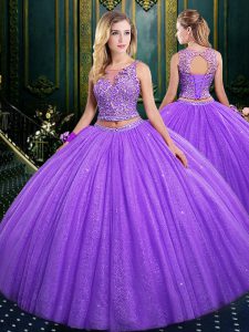 Scoop Floor Length Lavender 15th Birthday Dress Tulle Sleeveless Lace and Appliques