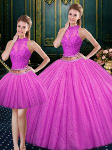 Fuchsia Sleeveless Floor Length Beading and Lace and Appliques Lace Up Quinceanera Gowns