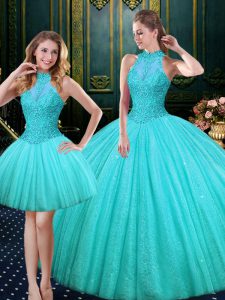 Aqua Blue Tulle Lace Up Sweet 16 Dresses Sleeveless Floor Length Lace and Appliques