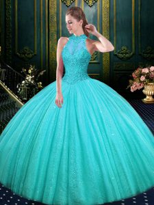 Top Selling Aqua Blue High-neck Neckline Lace and Appliques Sweet 16 Dresses Sleeveless Lace Up