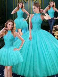 Fashion Sleeveless Floor Length Lace and Appliques Lace Up 15th Birthday Dress with Aqua Blue