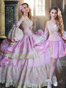 Classical Floor Length Pink Quinceanera Dress Taffeta Long Sleeves Lace and Appliques