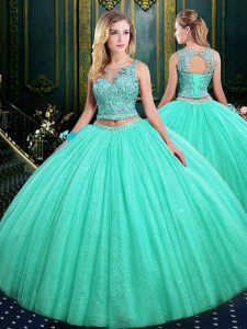 Scoop Tulle Sleeveless Floor Length Vestidos de Quinceanera and Lace and Appliques