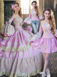 Eye-catching Pink Long Sleeves Taffeta Lace Up 15th Birthday Dress for Military Ball and Sweet 16 and Quinceanera