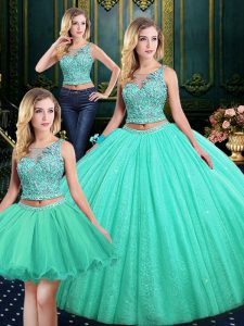 Cheap Turquoise Scoop Neckline Lace and Appliques Ball Gown Prom Dress Sleeveless Lace Up