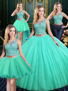 Scoop Sleeveless Lace Up Sweet 16 Dresses Turquoise Tulle