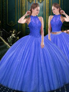 Halter Top Royal Blue Sleeveless Lace and Appliques Floor Length Sweet 16 Quinceanera Dress