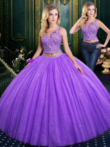 Exquisite Scoop Lavender Sleeveless Tulle and Lace Lace Up 15th Birthday Dress for Prom and Party