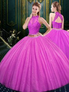 Edgy Fuchsia Sleeveless Lace and Appliques Floor Length Sweet 16 Quinceanera Dress