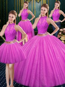 Fuchsia Tulle Lace Up High-neck Sleeveless Floor Length Sweet 16 Dress Lace and Appliques