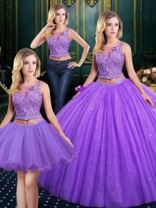 New Arrival Scoop Floor Length Three Pieces Sleeveless Purple Quinceanera Dresses Lace Up
