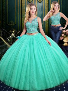 Top Selling Scoop Sleeveless Tulle Floor Length Lace Up Quinceanera Gown in Turquoise with Lace and Appliques