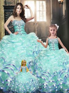 Sweet Sleeveless Floor Length Beading and Appliques and Ruffles Lace Up Quince Ball Gowns with Light Blue