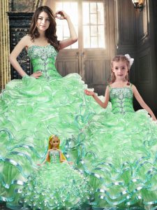 Beauteous Apple Green Sweetheart Neckline Beading and Appliques and Ruffles Quince Ball Gowns Sleeveless Lace Up