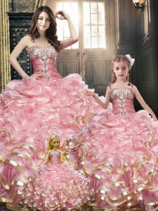 Baby Pink Ball Gowns Beading and Appliques and Ruffles Sweet 16 Dresses Lace Up Organza Sleeveless Floor Length