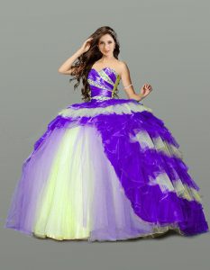 Sweetheart Sleeveless Quinceanera Dress Floor Length Beading and Ruching Multi-color Tulle
