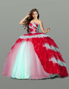 Beauteous Red Tulle Lace Up 15th Birthday Dress Sleeveless Floor Length Beading and Ruching