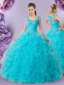 Perfect Baby Blue Ball Gowns Tulle Straps Sleeveless Beading and Ruffles Floor Length Zipper 15 Quinceanera Dress