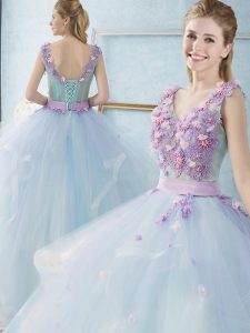 Romantic Light Blue Sleeveless Floor Length Appliques and Ruffles Lace Up Quinceanera Dress