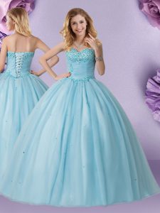Spectacular Light Blue Sleeveless Tulle Lace Up Vestidos de Quinceanera for Military Ball and Sweet 16 and Quinceanera