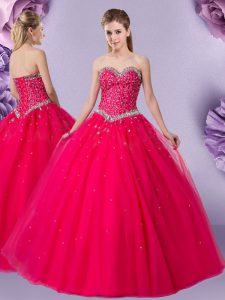 Spectacular Sweetheart Sleeveless Sweet 16 Dresses Floor Length Beading Coral Red Tulle