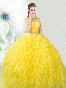 Scoop Floor Length Yellow 15 Quinceanera Dress Organza Sleeveless Beading and Ruffles
