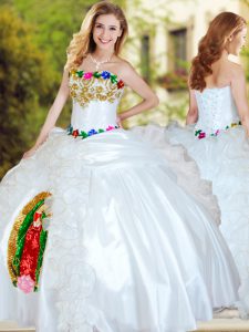 Sweetheart Sleeveless Quince Ball Gowns Floor Length Beading and Appliques and Ruffles White Organza and Taffeta