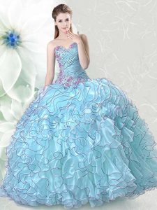 New Arrival Light Blue Sweetheart Neckline Beading and Ruffles Quinceanera Dress Sleeveless Lace Up