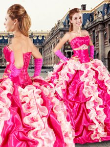 Custom Design Sleeveless Floor Length Beading and Ruffles and Pick Ups Lace Up Sweet 16 Dress with Hot Pink