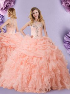 Captivating Peach Ball Gowns Organza Straps Sleeveless Beading and Ruffles and Pick Ups Floor Length Zipper Quinceanera 