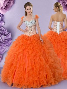 Designer Orange Red Sleeveless Beading and Ruffles Floor Length Sweet 16 Dress