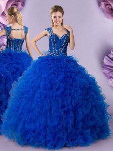 Eye-catching Royal Blue Straps Neckline Beading and Ruffles Quinceanera Dresses Cap Sleeves Lace Up