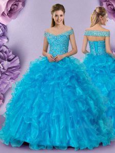 Glorious Baby Blue Organza Lace Up Off The Shoulder Sleeveless Floor Length Sweet 16 Quinceanera Dress Beading and Lace 