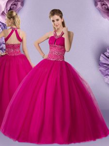 Adorable Halter Top Fuchsia Sleeveless Floor Length Beading Lace Up 15th Birthday Dress