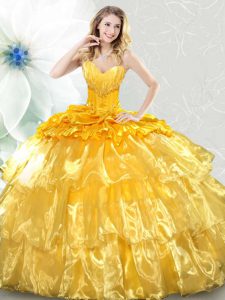 Low Price Gold Ball Gowns Organza Sweetheart Sleeveless Ruffled Layers and Sequins Lace Up Quinceanera Dresses