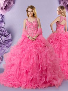 Straps Hot Pink Organza Lace Up Quince Ball Gowns Sleeveless Floor Length Lace