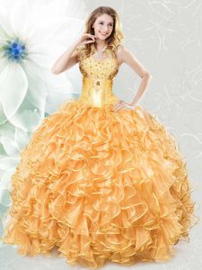 Unique Gold Lace Up 15 Quinceanera Dress Beading and Ruffles Sleeveless Floor Length